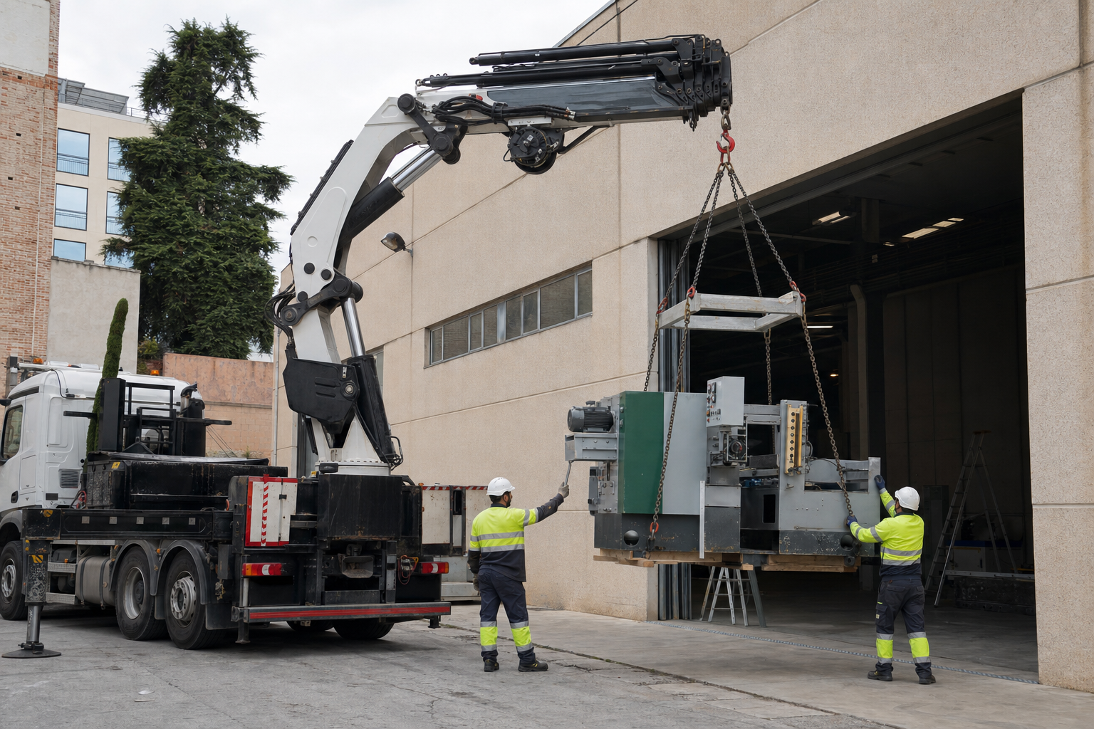 Camión grúa descargando un grupo electrógeno cabinado sobre una base preparada en una instalación industrial