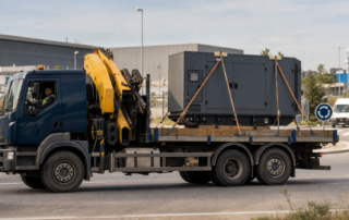 Camión grúa transportando un grupo electrógeno cabinado sujeto con cintas sobre plataforma en una ronda industrial