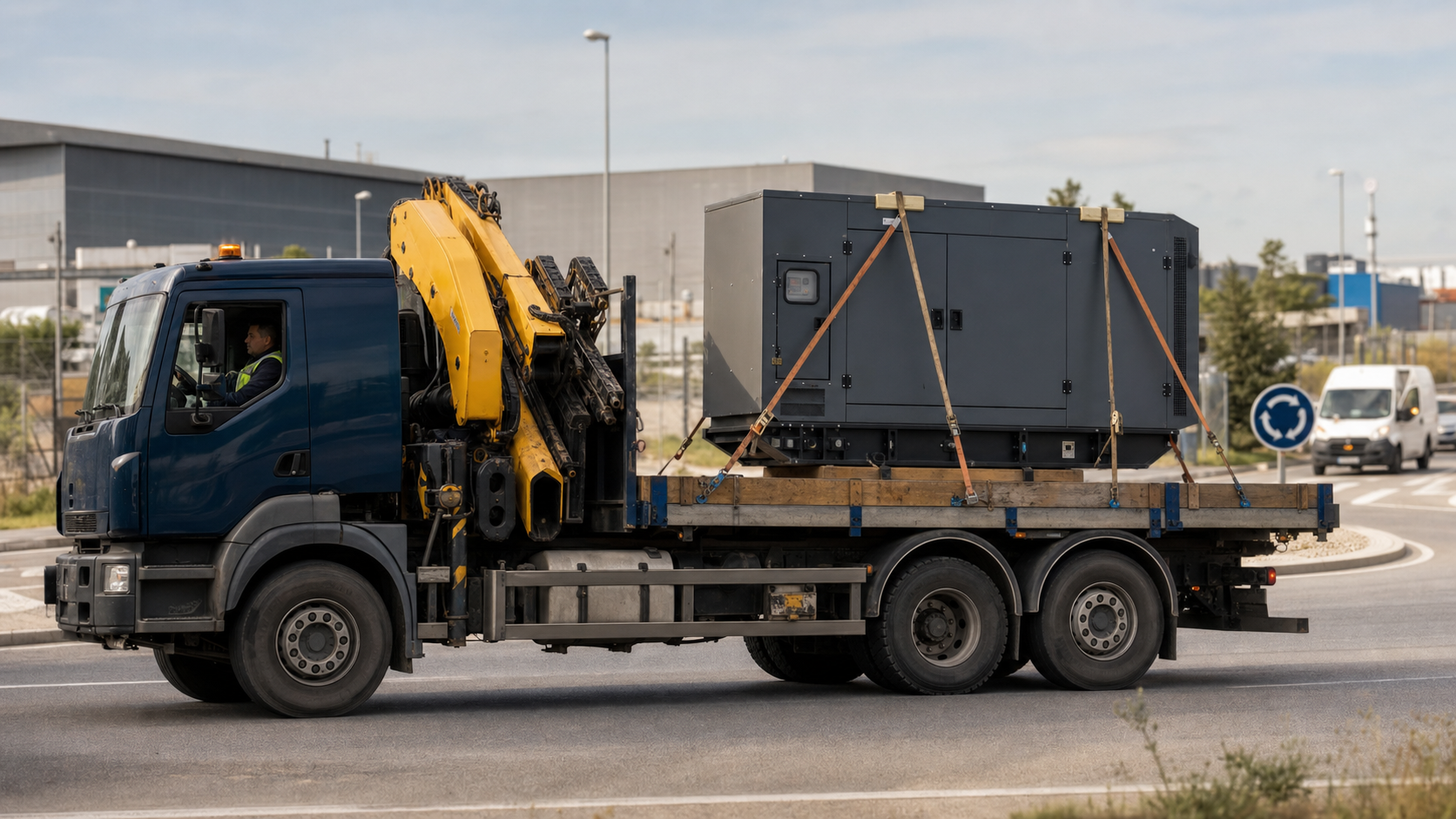 Camión grúa transportando un grupo electrógeno cabinado sujeto con cintas sobre plataforma en una ronda industrial