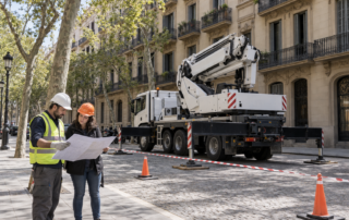 Camión grúa estabilizado en una calle urbana del Eixample de Barcelona con cinta perimetral y conos mientras un operario y un responsable de obra revisan un plano de la maniobra sobre la acera