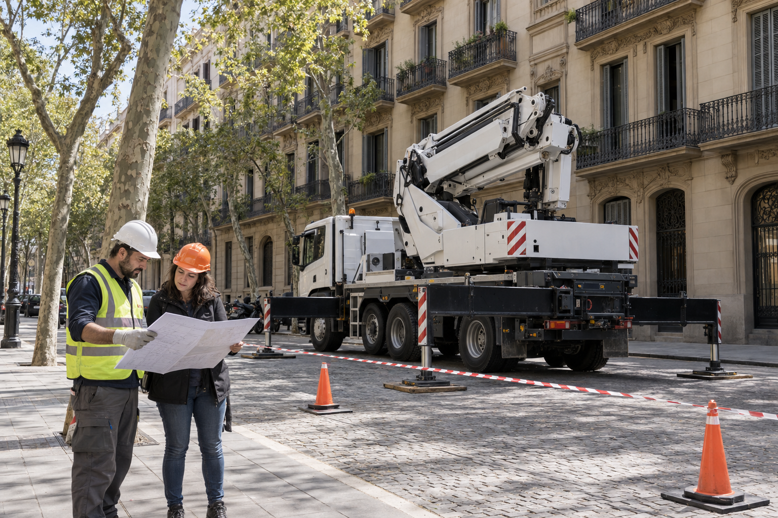 Camión grúa estabilizado en una calle urbana del Eixample de Barcelona con cinta perimetral y conos mientras un operario y un responsable de obra revisan un plano de la maniobra sobre la acera