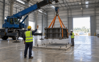 Camión grúa con estabilizadores desplegados descargando un molde industrial pesado sobre una base preparada dentro de una nave amplia mientras un operario con casco dirige la maniobra con señales manuales y otro sujeta la carga con cintas