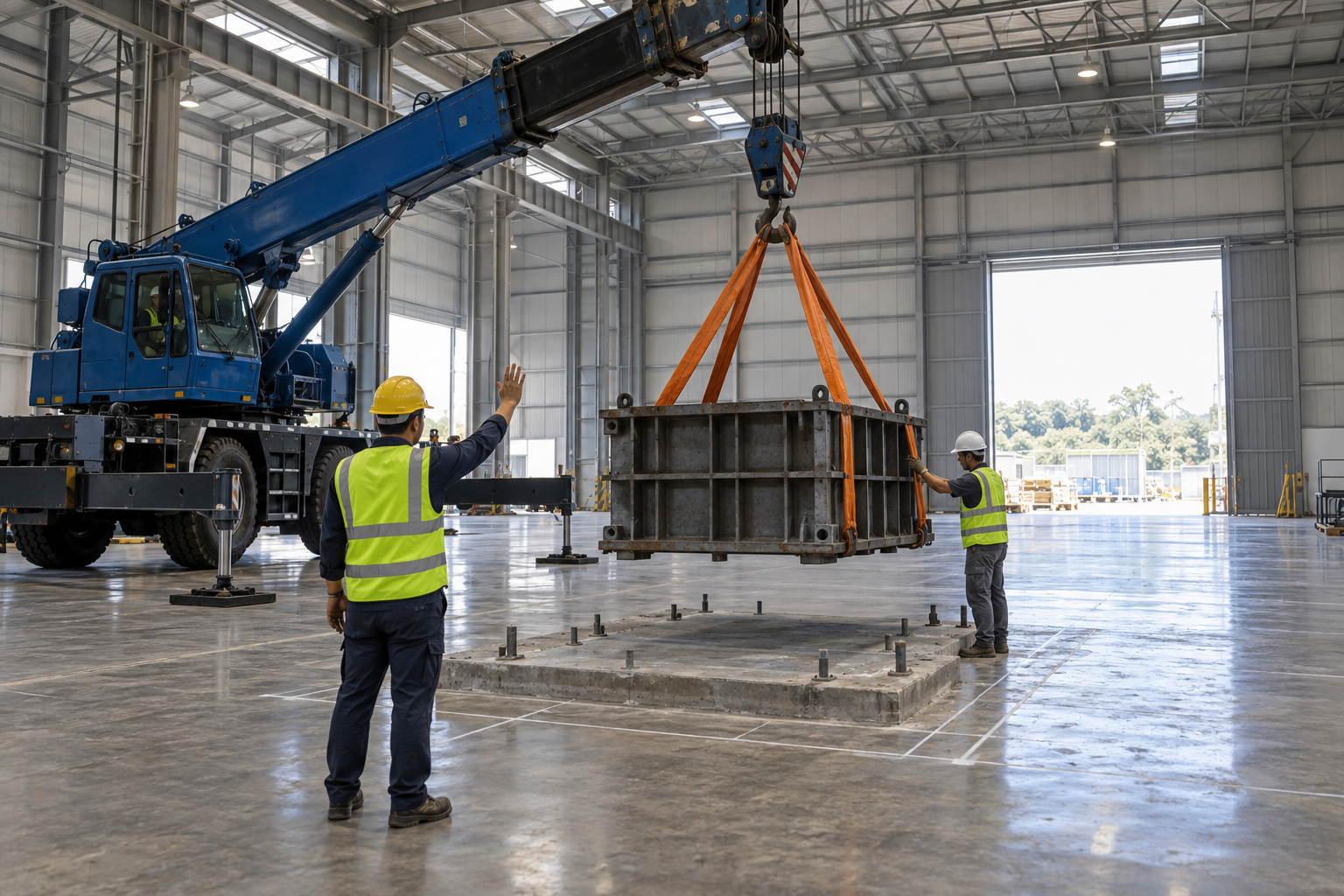 Camión grúa con estabilizadores desplegados descargando un molde industrial pesado sobre una base preparada dentro de una nave amplia mientras un operario con casco dirige la maniobra con señales manuales y otro sujeta la carga con cintas