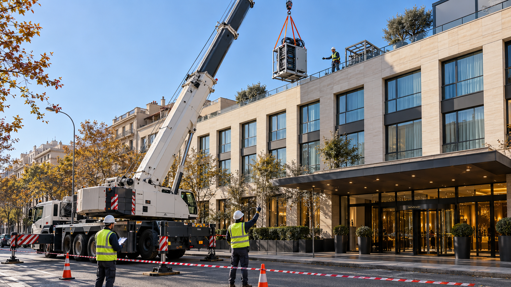 Camión grúa con pluma extendida izando un rack técnico metálico sobre la cubierta de un hotel urbano del Eixample de Barcelona mientras un operario con casco recibe el equipo y otro en la acera dirige la maniobra con señales manuales
